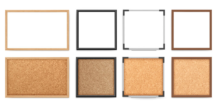 Empty frames and cork boards set in rectangular and square shapes. Vector planks for content in office or home environment. Wood, metal and plastic designs for presentation and decoration