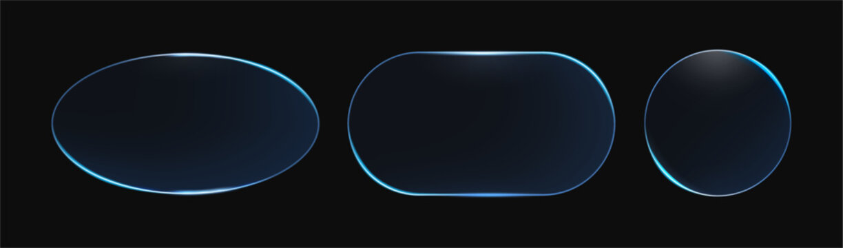 Blank banners of glass or plastic. Vector isolated set of circle, ellipse and oval geometric shapes. Neon borders and frames for copy space. Presentation or technological background for products