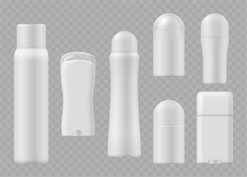 Closed deodorant templates set. Vector sprays and stick rollons for body odor control in different shape. Scent neutralizer packages mockups for male and female use. Cosmetic product and hygiene care