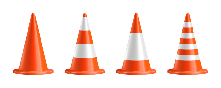 Traffic cone collection with realistic design. Vector road safety markers with stripe variations. Portable safety devices to guide, warn or redirect people. Construction control concept