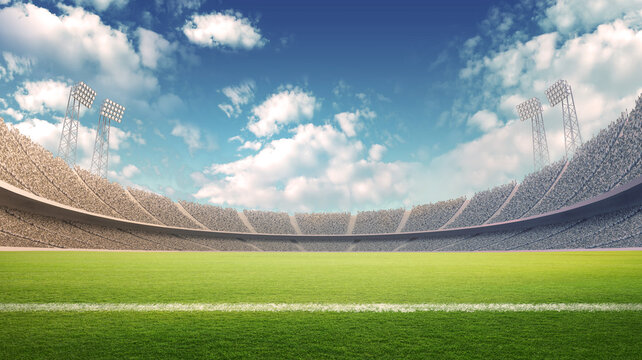 Football stadium with cloudy sky. An imaginary stadium is modelled and rendered.	