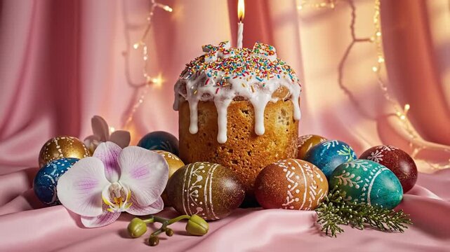 Easter cake and painted eggs decorated with flowers and lights.