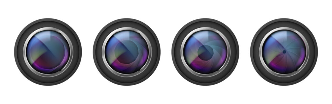 High quality optical camera lens mockups. Vector realistic features zoom and focus rings, multi coated glass elements and protective casing. Digital marketing visuals and technology equipment layouts