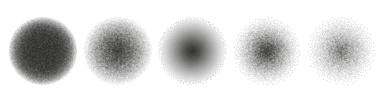 Halftone gradient round shapes, circles graphic design elements with noise grains from dark to light. Vector speckling crop circlets. Grainy spots with dotwork stipple effect for tattoo