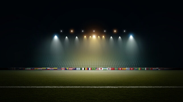 Stadium with National Flags at night. An imaginary stadium is modelled and rendered.	
