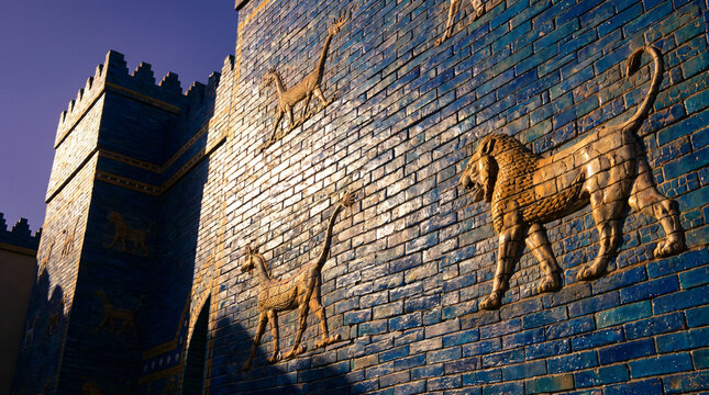 Ishtar Gate of Babylon with Blue Glazed Brick Lions and Dragon Reliefs