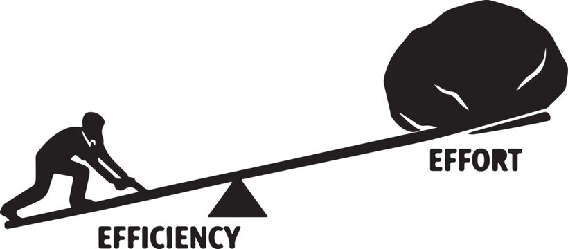 Businessman using lever for efficiency to lift heavy effort