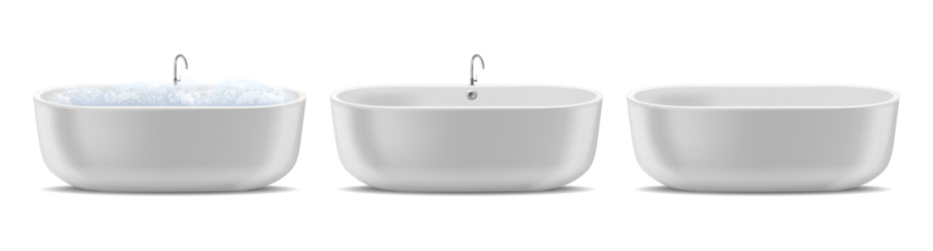 Bathtub set in realistic style. Vector isolated modern jacuzzi collection with foam, empty and without tap. Sanitary equipment for interior design, bathroom planning or renovation projects