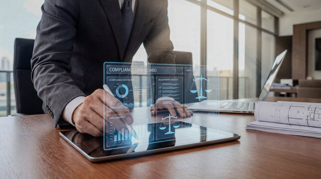 Businessman using tablet with digital compliance dashboard and data analytics interface in a modern office.
