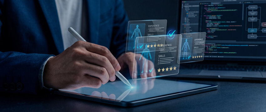 AI-driven HR: Professional using a tablet and stylus to analyze digital candidate profiles, skills, and experience with futuristic holographic overlays and coding on the background.