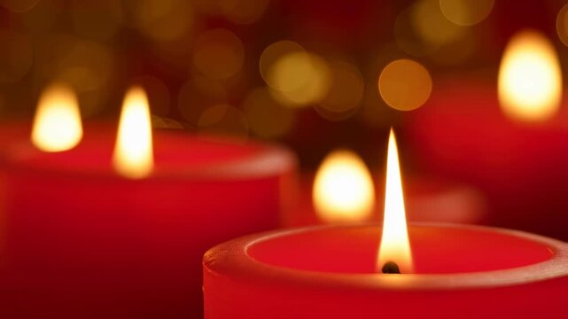 Close-up of glowing red candles with flickering flames against a blurred golden background. Ideal for creating a warm, inviting atmosphere for celebrations and relaxation