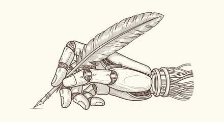 Robotic Hand Holding a Feather Quill Pen in Vintage Engraving Style Representing AI Composition © Bilkis Islam