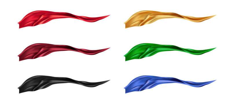 Elegant set of silky fabric or silk smooth textile. Vector realistic 3d, isolated scarf or cloak, lightweight tissue velvet clothes or ribbon, satin fabric. Flowing clothing, fashionable look
