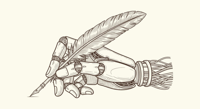 Robotic Hand Holding a Feather Quill Pen in Vintage Engraving Style Representing AI Composition