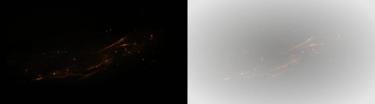 abstract golden light streaks and particles with glowing sparkles on black background