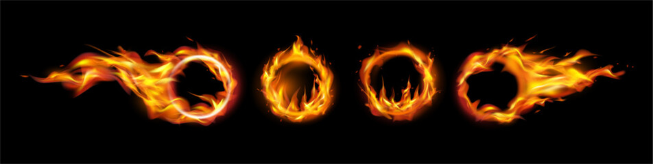 Fototapeta premium Circle with tongues of flame, isolated set of rings with fire. Vector realistic, fiery effect of balls with trails. Frames for copy space or typographic design, meteors or space explosions