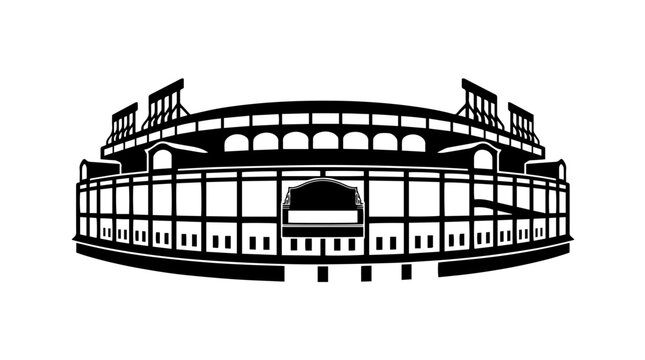 Vector silhouette of large sports stadium with tiered seating and arched roof, modern architectural landmark art