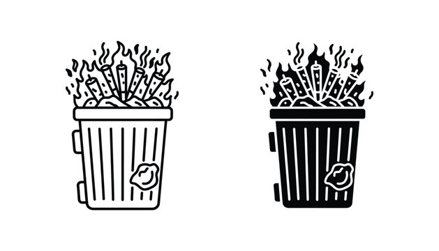 Trash can on fire vector illustration showing burning garbage bin with crumpled paper outline and solid black icon set for waste management design concept
