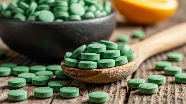 Close-up of green spirulina tablets in a wooden spoon and bowl.
