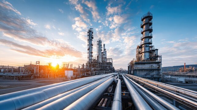 Petrochemical plant with towering distillation columns and extensive piping at sunrise