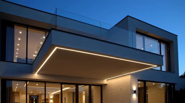 Modern architectural facade at twilight, lit by embedded lights
