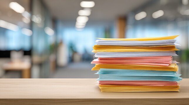 Stack of colorful papers on a desk in a blurred office setting