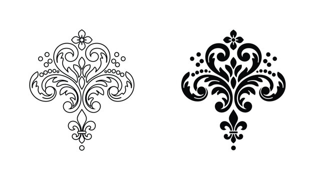 Decorative floral fleur de lis scroll ornament vector set in black and white for scrapbooking and creative stationary designs