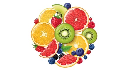 Naklejka premium Vibrant arrangement of fresh fruits colorful slices on white background