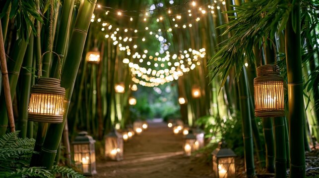 Bamboo pathway illuminated by string lights and lanterns, creating a serene atmosphere in a lush garden setting surrounded by greenery and natural elements