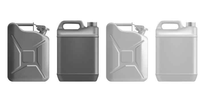 Gasoline jerrycans. Fuel can containers for petrol and diesel storage. Rectangular closed canister with compact structure and integrated handle. Vector transport and refueling of flammable liquids