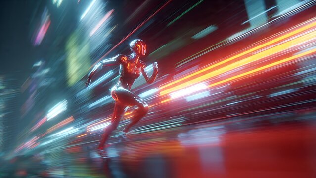 A futuristic cyborg sprints through a neon-lit cityscape, embodying speed and technological advancement, in a dynamic and energetic scene.