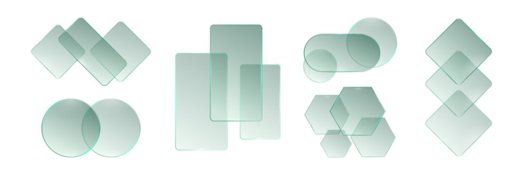 Geometric glass arrangements. Vector isolated rectangular, square and circular, oval and hexagonal shapes in layered configuration. Overlapping transparent planes set. Technology presentation elements