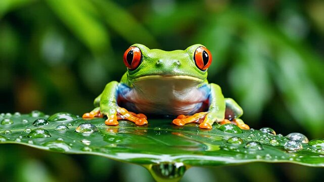 Red eyed tree frog perched on wet green leaf