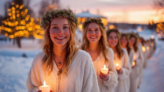 Young women in white dresses and flower crowns holding candles in a snowy procession