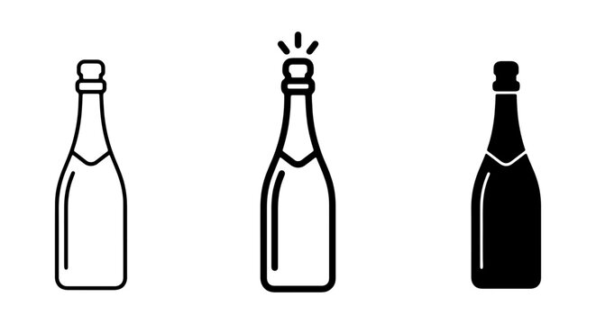 Champagne, bottle icons, vector set, black and white