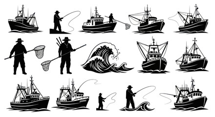 Fishermen and boats at sea fishing. © By