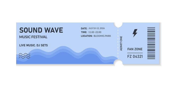 Modern musical festival ticket isolated on transparent background. Minimalistic music consert coupon. Decorative element for summer events and festivals. Admit one ticket. Vector illustration