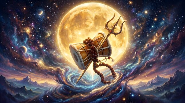 Trishula and damaru drum float against a giant glowing moon surrounded by a cosmic nebula and swirling clouds in a surreal spiritual composition.