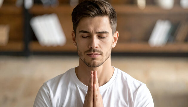 Meditation man with closed eye in calm indoor prayer pose