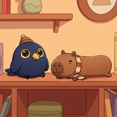 Obraz premium sweet animation of a raven and a capybara