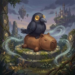Obraz premium illustration of a capybara and a raven