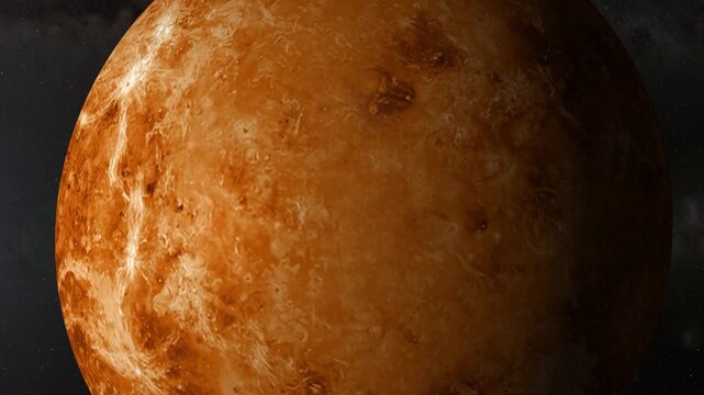 Stunning cinematic animation of planet Venus rotating in space with detailed surface and starfield background.