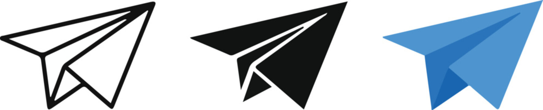 minimalist paper plane origami airplane icon set in outline filled black and blue color styles for messaging email send button and communication ui design
