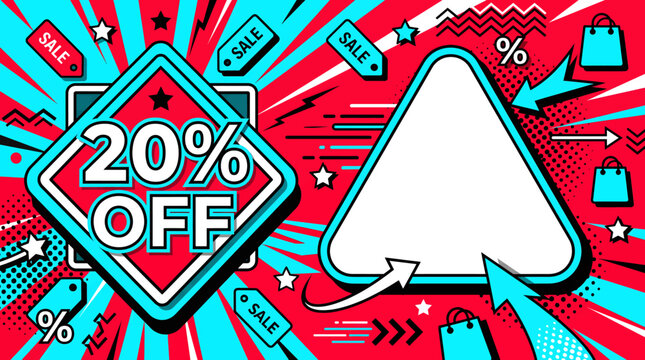Vibrant discount banner with abstract shapes and icons radiates from a central white triangle on a red background