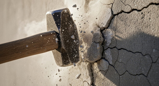 Sledgehammer actively engaged in concrete wall demolition, impact creating dust and cracks on sturdy surface. Construction work shows effective concrete wall demolition technique.