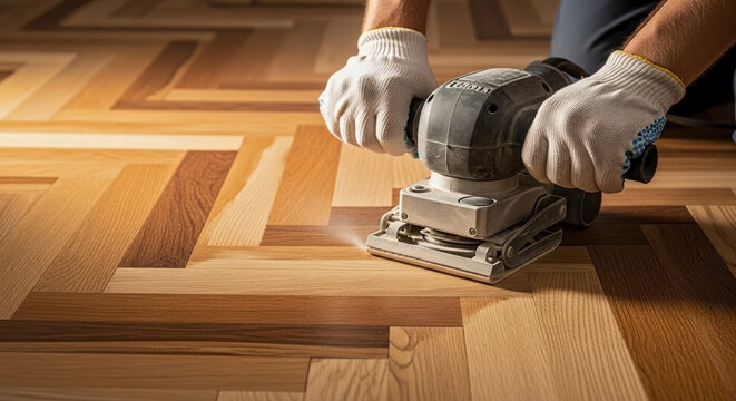 Worker sanding parquet with orbital sander, meticulously restoring wood floor. Professional craftsman performs detailed floor refinishing. Worker sanding parquet perfect for construction.