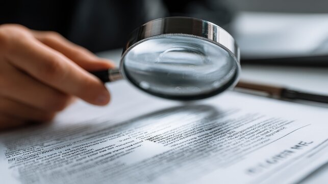 Hand holds a magnifying glass over a legal document to inspect the fine print.