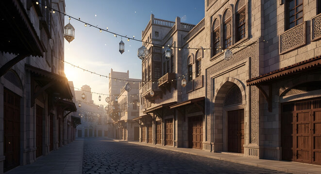Golden Hour Glow on an Ancient Middle Eastern Street Traditional Architecture and Lanterns in a Desert City Scene