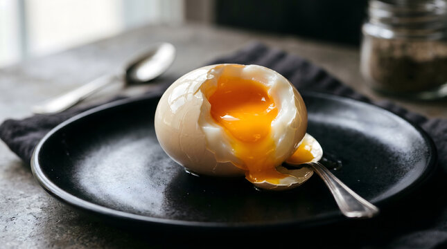 Close up of soft boiling egg with runny yolk sitting on a black plate with a spoon and a jar in the background for breakfast or cooking themes