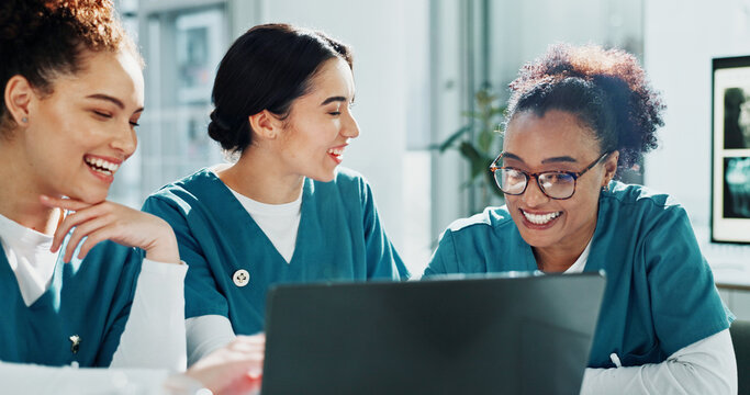 Nurses, laugh and meeting in hospital with laptop, discussion and funny joke for medical research. Healthcare worker, people and happy in clinic with computer, humor or planning together for schedule